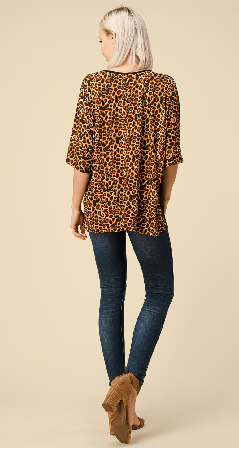 Plus Solid Knit Top With Leopard-Clearance