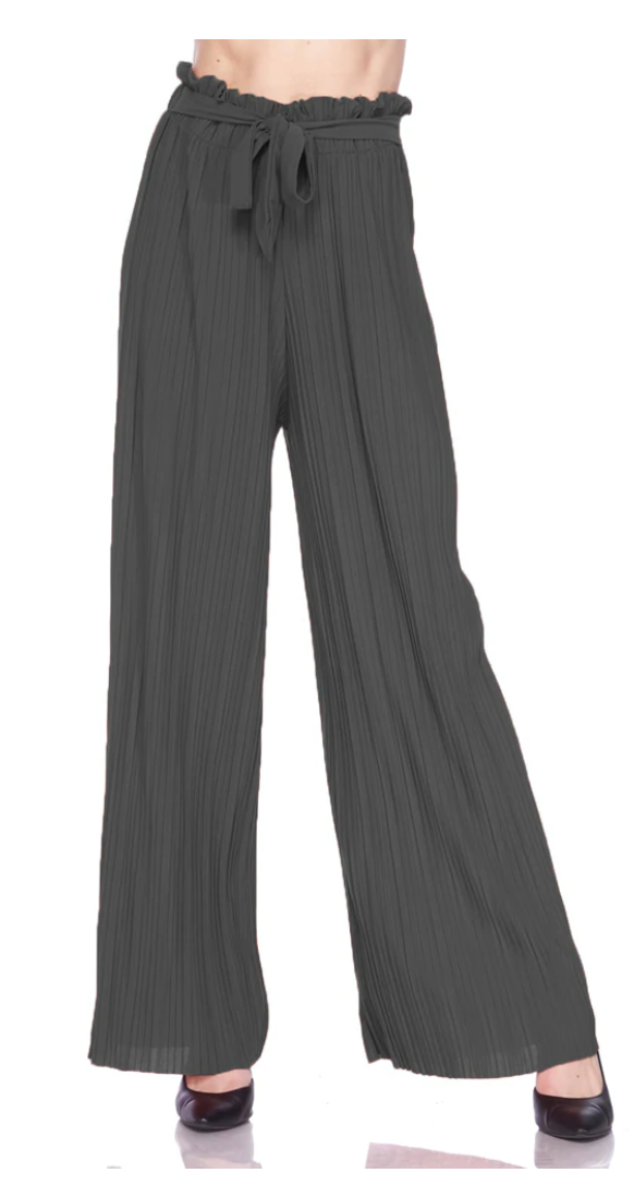 Solid Pleated Self-Sash Palazzo Pants