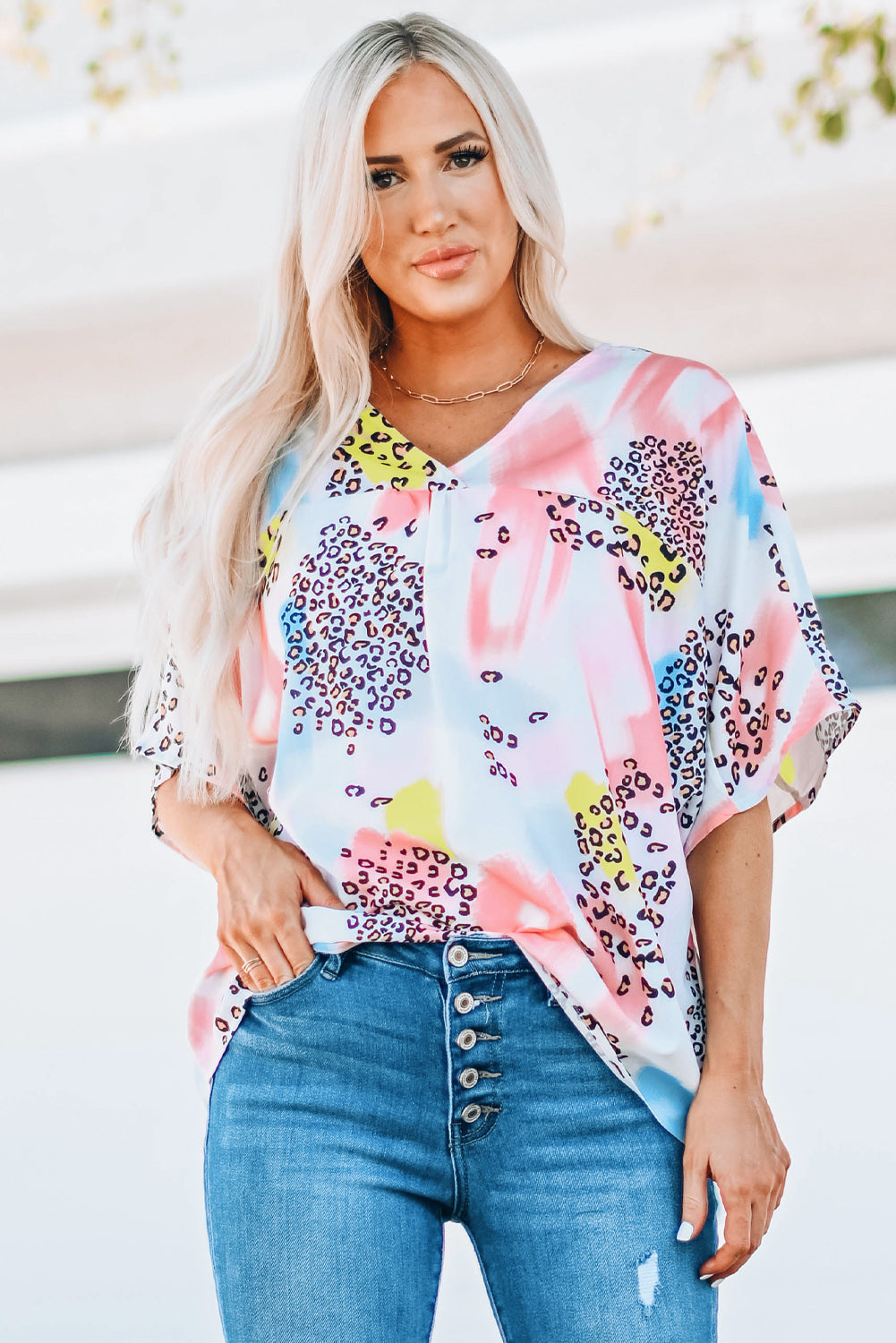 Mixed Print V-Neck Half Sleeve Top