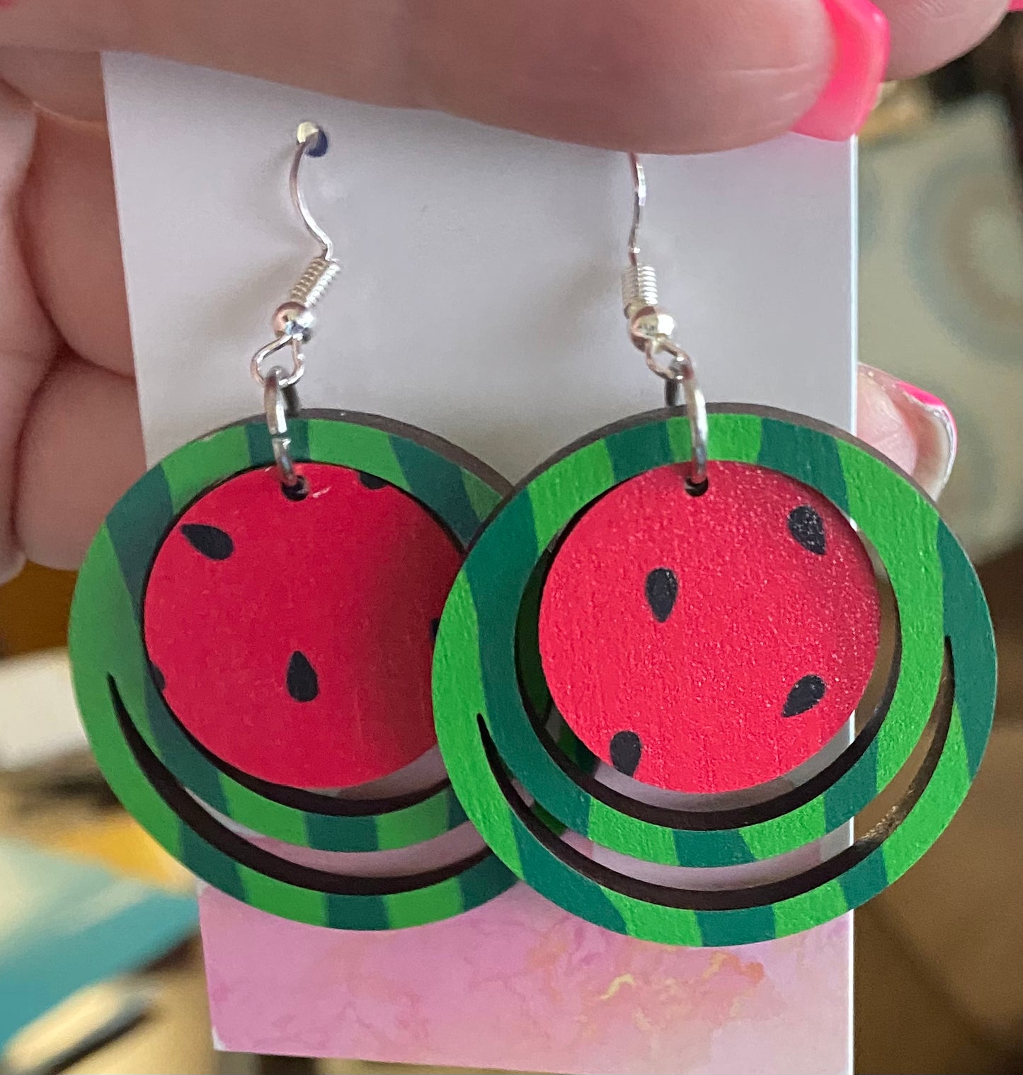 Watermelon Wood Dangle Earrings-Clearance