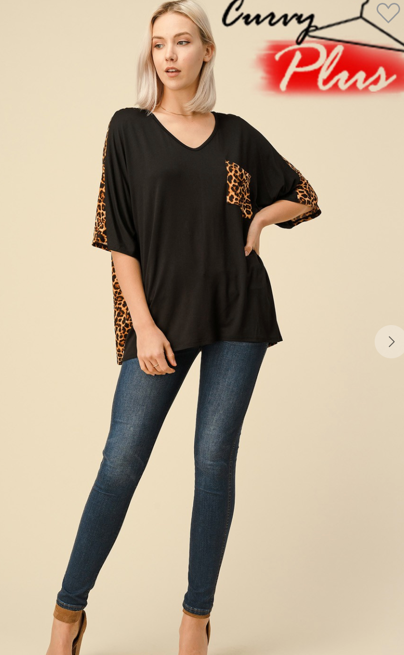 Plus Solid Knit Top With Leopard-Clearance