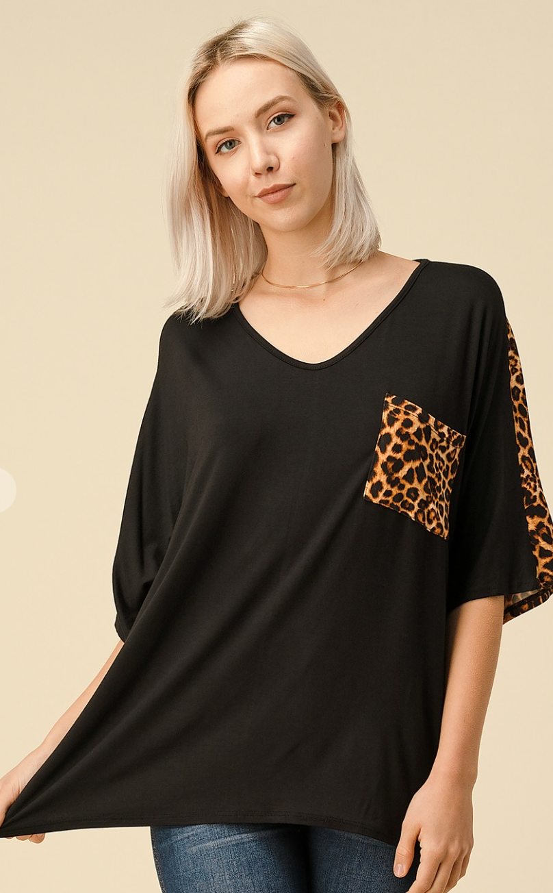 Solid Knit Top with Leopard-Clearance