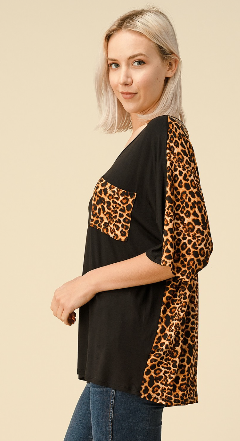 Solid Knit Top with Leopard-Clearance