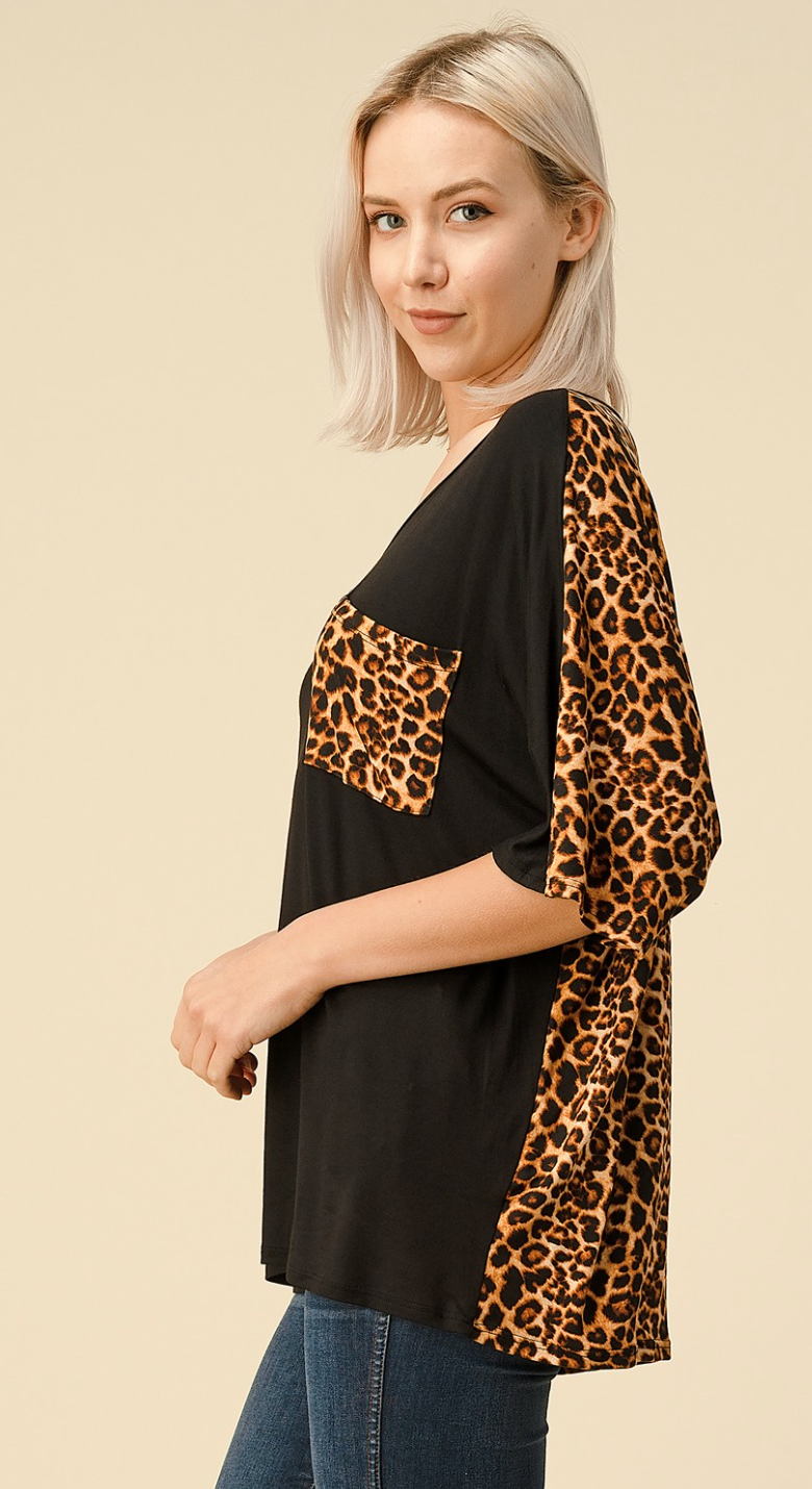 Plus Solid Knit Top With Leopard-Clearance