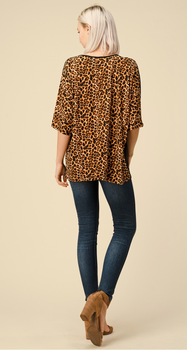 Solid Knit Top with Leopard-Clearance