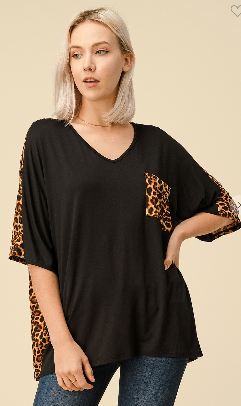 Solid Knit Top with Leopard-Clearance