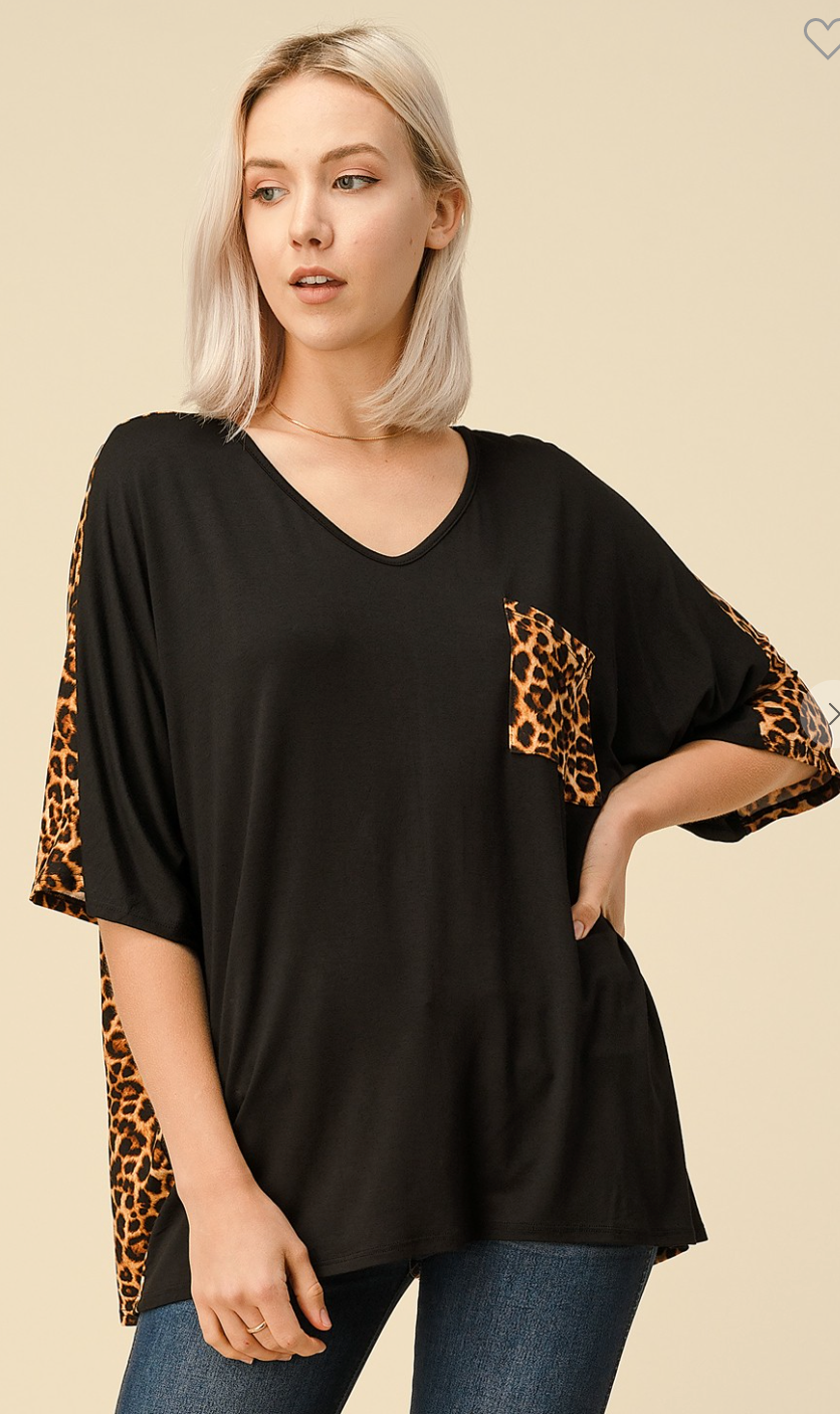 Plus Solid Knit Top With Leopard-Clearance